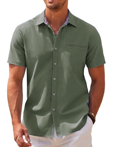 COOFANDY Herren Hemden Kurzarm Freizeithemd Businesshemd mit Karo Kragen Kurzarmhemd Herrenhemd Baumwolle Hemden Casual Armeegrün XXL von COOFANDY