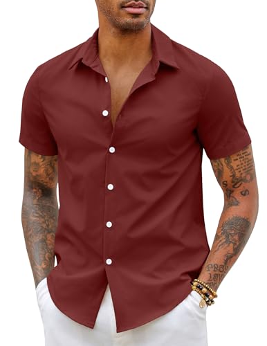 COOFANDY Herren Hemden Kurzarm Slim Fit Freizeithemden Wrinkle Free Hemd Sommerhemd Business Hemd Lässiges Herrenhemd Kurzarm mit Knopfleiste Formelle Hemd Kent-Kragen Weinrot M von COOFANDY
