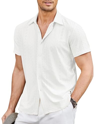 COOFANDY Herren Hemden Kurzarm Sommer Hemd Strand Hemd Einfarbiges Hemd für Urlaub Reise Shirt Button Down Hemden Regular Fit Mens Shirts Alles weiß M von COOFANDY