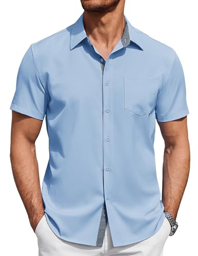 COOFANDY Herren Hemden Kurzarm Sommerhemd Kurzarmhemd Regular Fit Freizeithemd Strandhemd Urlaubshemd Basic Shirts Mit Taschen Hellblau XXXL von COOFANDY