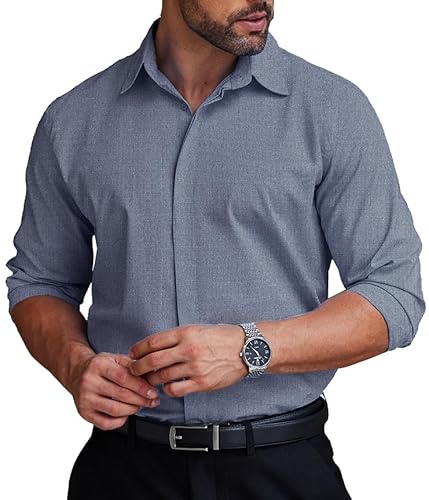 COOFANDY Herren Hemden Langarm Business Freizeithemd Hemden Bügelleicht leicht Stretch Hidden Buttons Formales Herrenhemden Blau XXL von COOFANDY