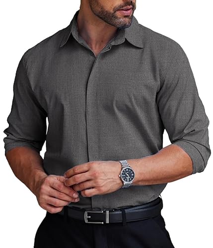 COOFANDY Herren Hemden Langarm Business Freizeithemd Hemden Bügelleicht leicht Stretch Hidden Buttons Formales Herrenhemden Dunkelgrau L von COOFANDY