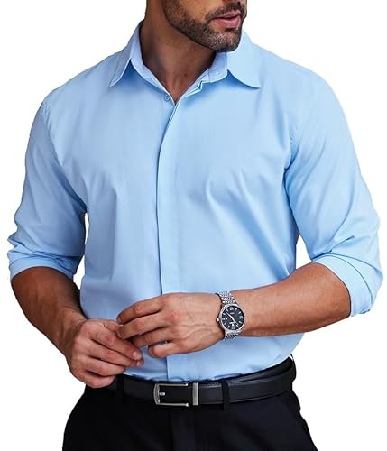 COOFANDY Herren Hemden Langarm Business Freizeithemd Hemden Bügelleicht leicht Stretch Hidden Buttons Formales Herrenhemden Hellkblau XXL von COOFANDY