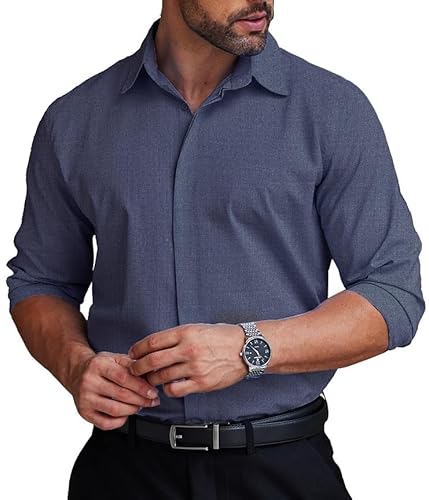 COOFANDY Herren Hemden Langarm Business Freizeithemd Hemden Bügelleicht leicht Stretch Hidden Buttons Formales Herrenhemden Navyblau XXL von COOFANDY
