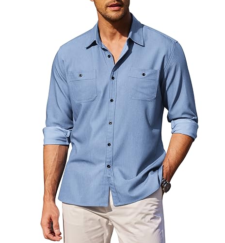 COOFANDY C Herren Hemden Langarm Elegantes Freizeithemd Einfarbiges Button Down Outdoorhemd mit Zwei Taschen Hellblau M von COOFANDY