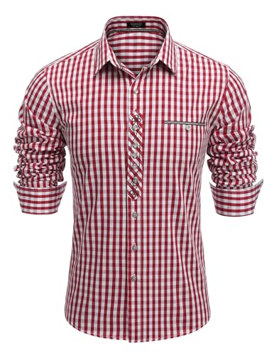COOFANDY Herren Hemden Langarm Trachtenhemd Oktoberfest Hemd Kariertes Hemd Karohemden Tracht Freizeithemd Regular Fit Plaid Shirt Arbeitshemd Lederhose 01-Rot 4XL von COOFANDY