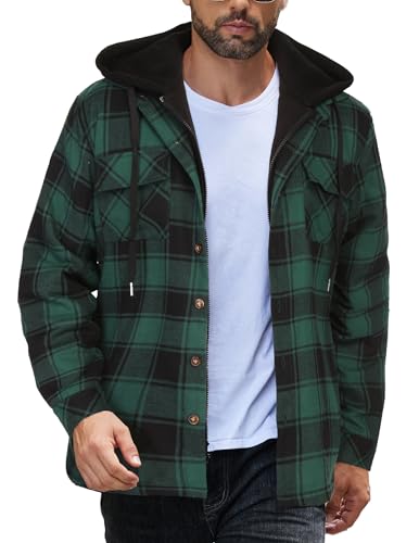 COOFANDY Herren Hemdjacke Holzfäller Jacke Gefüttert Kapuzenjacke Winterhemd Flanell Jacke Freizeithemd Karo Hemd Arbeitshemd mit Kapuze Hoodie Hoodie Dunkelgrün XL von COOFANDY