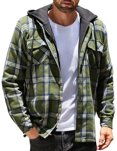COOFANDY Herren Hemdjacke Karierte Jacke Holzfällerhemd Gefüttert Holzfäller Jacke Flanell Jacke Winterhemd Baumwolle Übergangsjacke mit Kapuze Sweatjacke Hellgrün S von COOFANDY