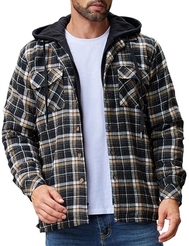 COOFANDY Herren Hemdjacke Karierte Jacke mit Tasche Flanell Jacke Langarm Winterhemd Baumwolle Karohemd Übergangsjacke Holzfäller Jacke Gefüttert Hoodie Braun Schwarz M von COOFANDY