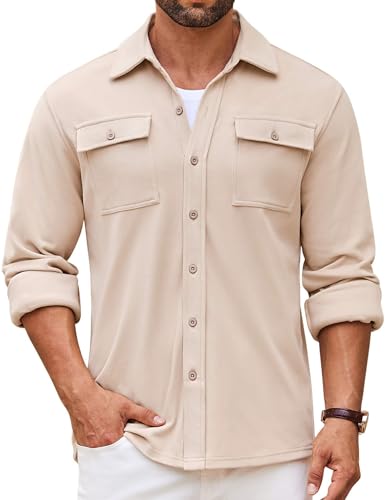 COOFANDY Herren Hemdjacke Langarm Overshirt Casual Button Down Shacket Thermohemden mit Taschen, Beige, Mittel von COOFANDY