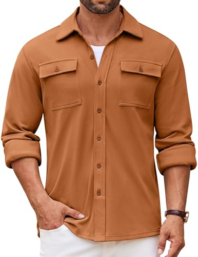 COOFANDY Herren Hemdjacke Langarm Overshirt Casual Button Down Shacket Thermohemden mit Taschen, Helles Braun, L COOFANDY Herren Hemdjacke Langarm Overshirt Casual Button Down Shacket Thermohemden mit Taschen, Helles Braun, L von COOFANDY