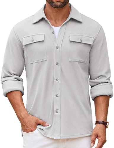 COOFANDY Herren Hemdjacke Langarm Overshirt Casual Button Down Shacket Thermohemden mit Taschen, Hellgrau, 3X-Groß von COOFANDY