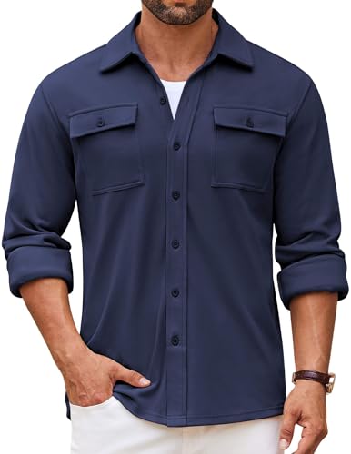 COOFANDY Herren Hemdjacke Langarm Overshirt Casual Button Down Shacket Thermohemden mit Taschen, Marineblau, Mittel von COOFANDY