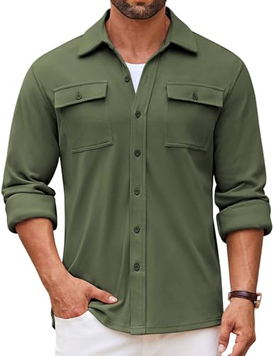 COOFANDY Herren Hemdjacke Langarm Overshirt Casual Button Down Shacket Thermohemden mit Taschen, Olivgrün, Mittel von COOFANDY