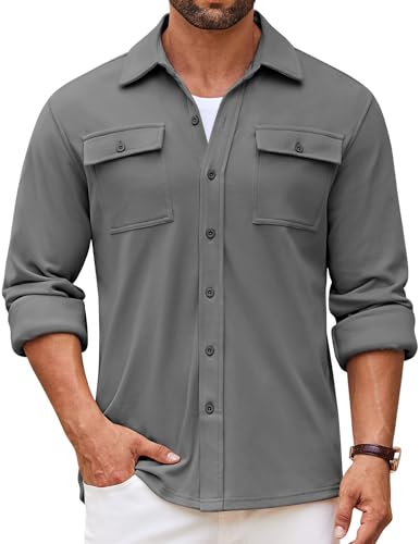 COOFANDY Herren Hemdjacke Langarm Overshirt Casual Button Down Shacket Thermohemden mit Taschen, grau dunkel, XX-Large von COOFANDY
