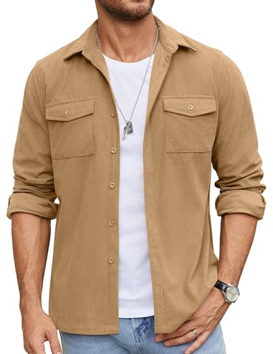 COOFANDY Herren-Hemdjacke mit Knopfleiste, Waffelmuster, lässig, langärmelig, leicht, Overshirts mit Pattentaschen, Khaki, 3X-Groß von COOFANDY