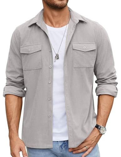 COOFANDY Herren-Hemdjacke mit Knopfleiste und Waffelmuster, lässig, langärmelig, leicht, Overshirts mit Pattentaschen, Hellgrau, 4XL von COOFANDY