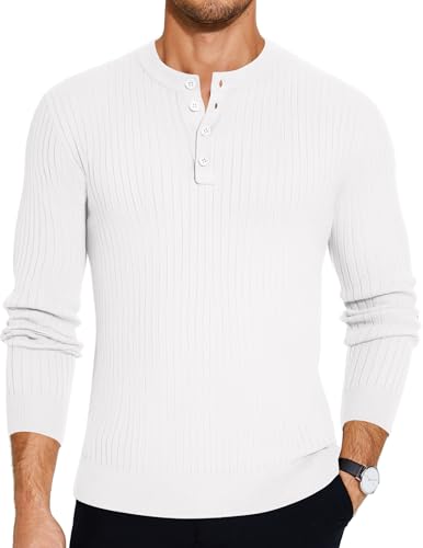 COOFANDY Herren Henley Shirts Feinstrickpullover Langarm Pullover mit Knopfleiste Rundhals Männer Winterpulli Weiß XXL von COOFANDY