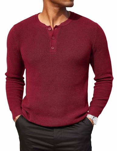 COOFANDY Herren Henley Pullover Strickpullover Winterpullover mit Knöpfe Sweater Grobstrickpullover Waffel Pulli Weinrot XL von COOFANDY