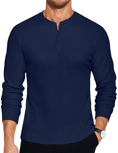 COOFANDY Henley-T-Shirts für Herren, langärmelig, lässig, schwer, Knopfhemden, Basic-T-Shirts, Marineblau, L von COOFANDY