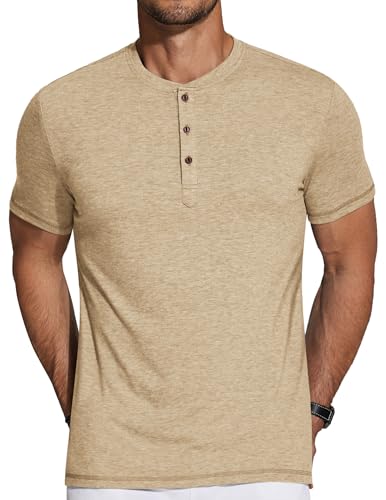 COOFANDY Herren Henley Tshirt Sommer Kurzarmshirt Henley Shirt Knopfleiste T-Shirts Freizeit T-Shirt Leicht T Shirts Atmungsaktive Hell Khaki L von COOFANDY