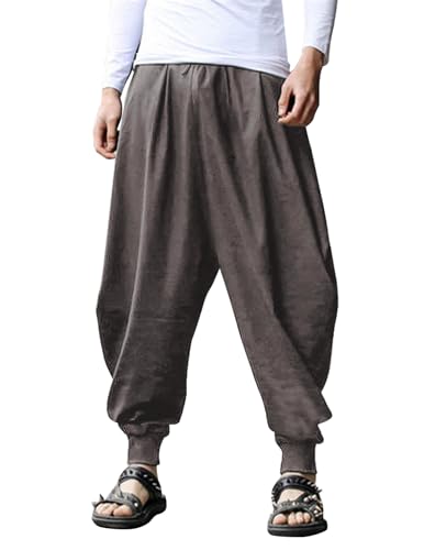 COOFANDY Herren Hippie Haremshose Baggy Leinen Boho Yoga Casual Drop Crotch Hose, Braun, Groß von COOFANDY