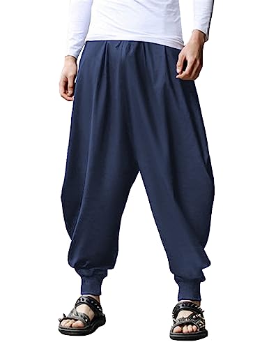 COOFANDY Herren Hippie Haremshose Baggy Leinen Boho Yoga Casual Drop Crotch Hose, Pure Blue, X-Groß von COOFANDY