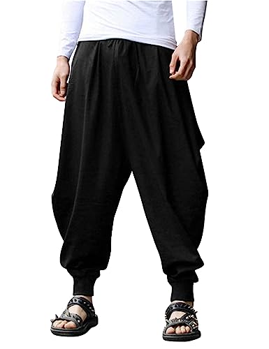 COOFANDY Herren Hippie Haremshose Baggy Leinen Boho Yoga Casual Drop Crotch Hose, Schwarz, Klein von COOFANDY