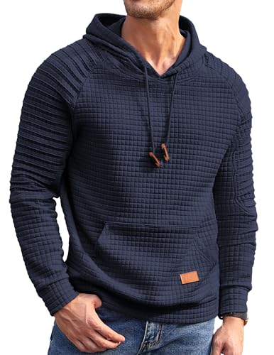COOFANDY Herren Hoodie Basic Sweatshirt Kordelzug Jacquard Casual Kapuzenpullover Blau XL von COOFANDY