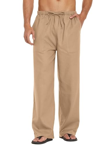 COOFANDY Herren Leinenhose mit Kordelzug Leicht Sommerhose Casual Strandhose Dünne Lange Hosen Leinen Hose Männer Einfarbig Relaxhose Kamel XXL von COOFANDY