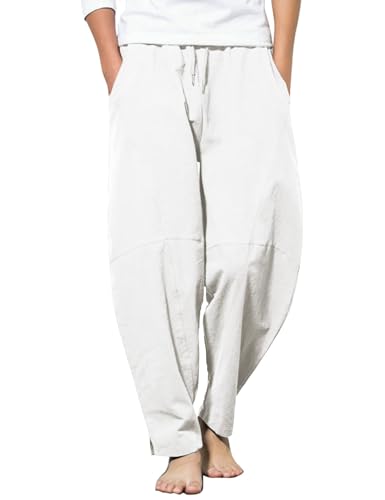 COOFANDY Herren Hose Lang Regular Fit Sommerhose Leicht Freizeithose Urlaub Strandhose Yoga Hose Leinen Haremshose Hippie Lange Hosen Weiß XXL von COOFANDY