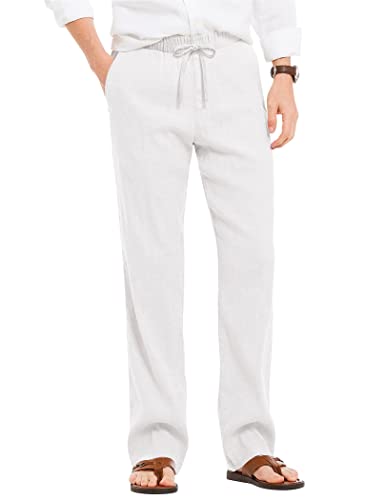 COOFANDY Herren Hose Lange Leicht Sommerhose Leinenhose Freizeithose Schlupfhose mit Kordelzug Stoffhose Elastische Taille Hosen Männer Schlupfhose Weiß S von COOFANDY