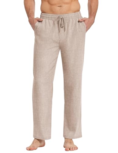 COOFANDY Herren Hose mit Kordelzug Leinenhose Leichte Sommerhose Strandhose Freizeithose Elastische Taille Lang Dünne Hosen Männer Stoffhose Hose mit Taschen Khaki XL von COOFANDY