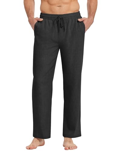 COOFANDY Herren Hose mit Kordelzug Leinenhose Leichte Sommerhose Strandhose Freizeithose Elastische Taille Lang Dünne Hosen Männer Stoffhose Hose mit Taschen Schwarz 3XL von COOFANDY