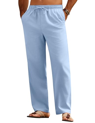 COOFANDY Herren Hose Lange Leinenhose Leicht Sommerhose Strandhose Leinen Hosen Männer Yogahose Elastische Taille Freizeithose mit Kordelzug Loose Fit Hellblau M von COOFANDY