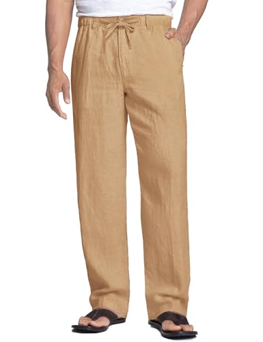 COOFANDY Herren Hose Lange Leinenhose Leicht Sommerhose Strandhose Freizeithose mit Tasche Gummibund Lässige Sommer Herrenhose Lange Dunkles Khaki L von COOFANDY