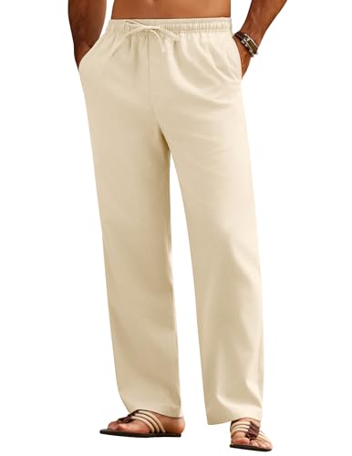 COOFANDY Herren Hose Leichte Sommerhose Leinenhose mit Gummizug Casual Strandhose Bequeme Freizeithose Schlupfhose Dünne Stoffhose Seniorenhose Beige 3XL von COOFANDY