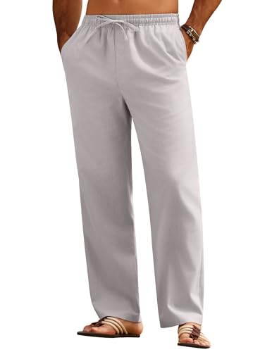 COOFANDY Herren Leinenhose Lange Sommerhose Leicht Schlupfhose Männer Leinen Hose mit Gummibund Strand Herrenhosen Loose Fit Freizeithose Dünne Stoffhose Hellgrau L von COOFANDY