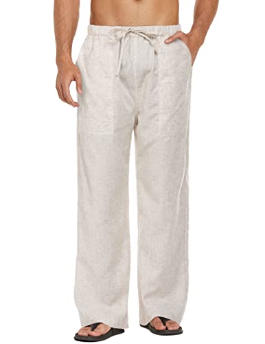COOFANDY Leinenhose Herren Lang Regular Fit Leichte Sommerhose Leinen Strand Freizeithosen mit Gummibund Beige XL von COOFANDY