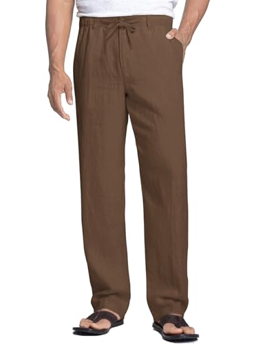 COOFANDY Herren Hose Leinenhose mit Kordelzug Sommerhose Leicht Strandhose Freizeithose Stoffhose Gummibund Lässige Herrenhose Leinen Pants Dunkler Kaffee L von COOFANDY