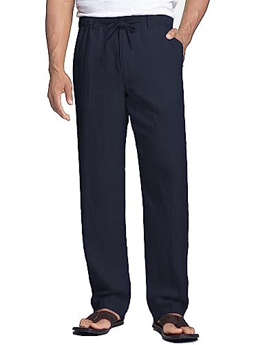 COOFANDY Leinenhose Herren Hose Freizeithosen Lässige Strandhose aus Baumwollmischung Leichte Sommerhose Lange Hosen Regular Fit Navy Blau S von COOFANDY