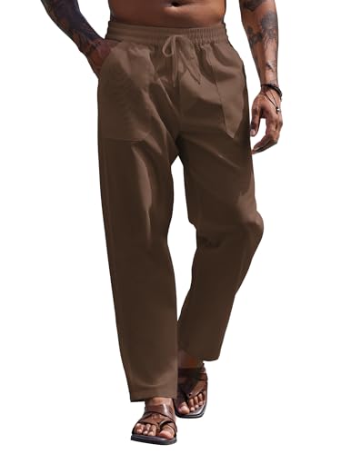 COOFANDY Herren-Hose aus Leinen, leicht, Kordelzug, Strandhose, elastische Taille, Yoga, Sommerhose, Braun, X-Groß von COOFANDY