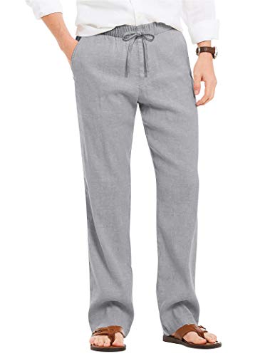 COOFANDY Herren Hose mit Kordelzug Leinenhose Lang Leichte Sommerhose Freizeithose Elastische Taille Strandhose Stoffhose Schlupfhose Yoga Hose Grau S von COOFANDY