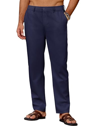 COOFANDY Herren Hosen Freizeithose Herren Lang Leinenhose Sommerhose mit Taschen Baumwolle Sommer Dünne Hosen Schlupfhose Stoffhose mit Gummibund Marineblau XL von COOFANDY