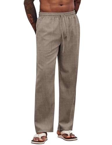 COOFANDY Herren Hosen mit Gummizug Sommerhose Schlupfhosen Freizeithose Strandhosen Yogahose Leinenhose Herrenhose Sommer Dünne Hose Lang Stoffhosen Braun M von COOFANDY