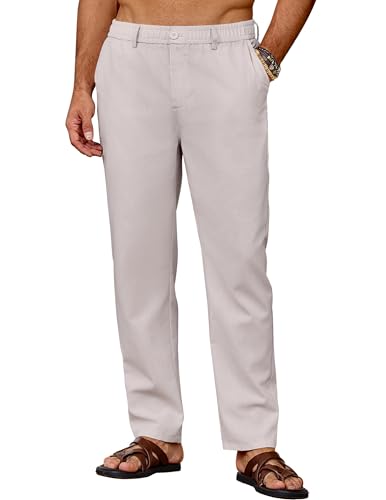 COOFANDY Herren Hosen Lang Freizeithose Leinen Hose Sommerhose Herrenhose mit Taschen Leinenhose Strandhose Sommer Dünne Hosen mit Gummibund Hellgrau 2XL von COOFANDY