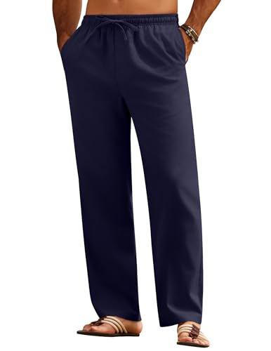COOFANDY Herren Lange Leinenhose Leichte Sommerhose Leinen Hose Männer Freizeithose mit Kordelzug Urlaub Strandhose Dünne Stoffhose Sommer Herrenhose Seniorenhose Marineblau XXL von COOFANDY