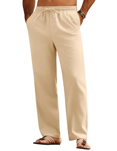 COOFANDY Leinenhose Herren Lang Sommerhose Leicht Leinen Hose Männer Strandhose Schlupfhose mit Gummizug Dünne Stoffhose Freizeithose Sommer Herrenhosen Casaul Yogahose Hellbraun M von COOFANDY