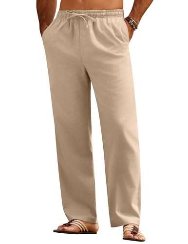 COOFANDY Herren Leinen Hosen Lang Sommerhose Leicht Loose Strandhose Freizeit Leinenhose Männer Schlupfhose mit Gummizug Herrenhosen Bequeme Stoffhose Regular Fit Khaki 3XL von COOFANDY