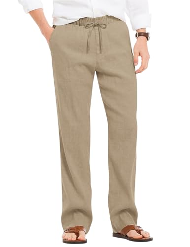 COOFANDY Herren Hosen Sommerhose Leinenhose Freizeithosen Strandhosen Schlupfhose Elastische Taille Sommer Hosen Herrenhose mit Gummizug Khaki M von COOFANDY